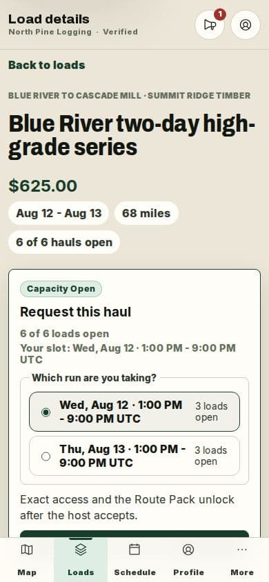 Synthetic driver phone load detail showing pay, fuel estimate, schedule, fit, route access, and the request decision