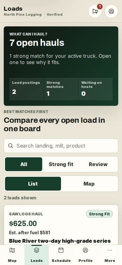 Synthetic driver phone load board showing stated pay, schedule, distance, and equipment fit