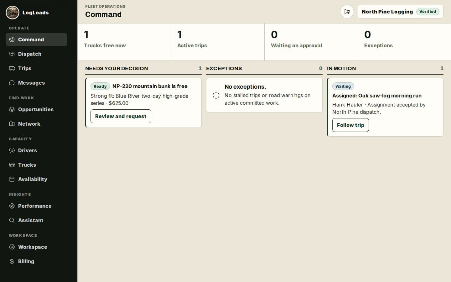Synthetic fleet command center showing dispatch priorities and operating exceptions