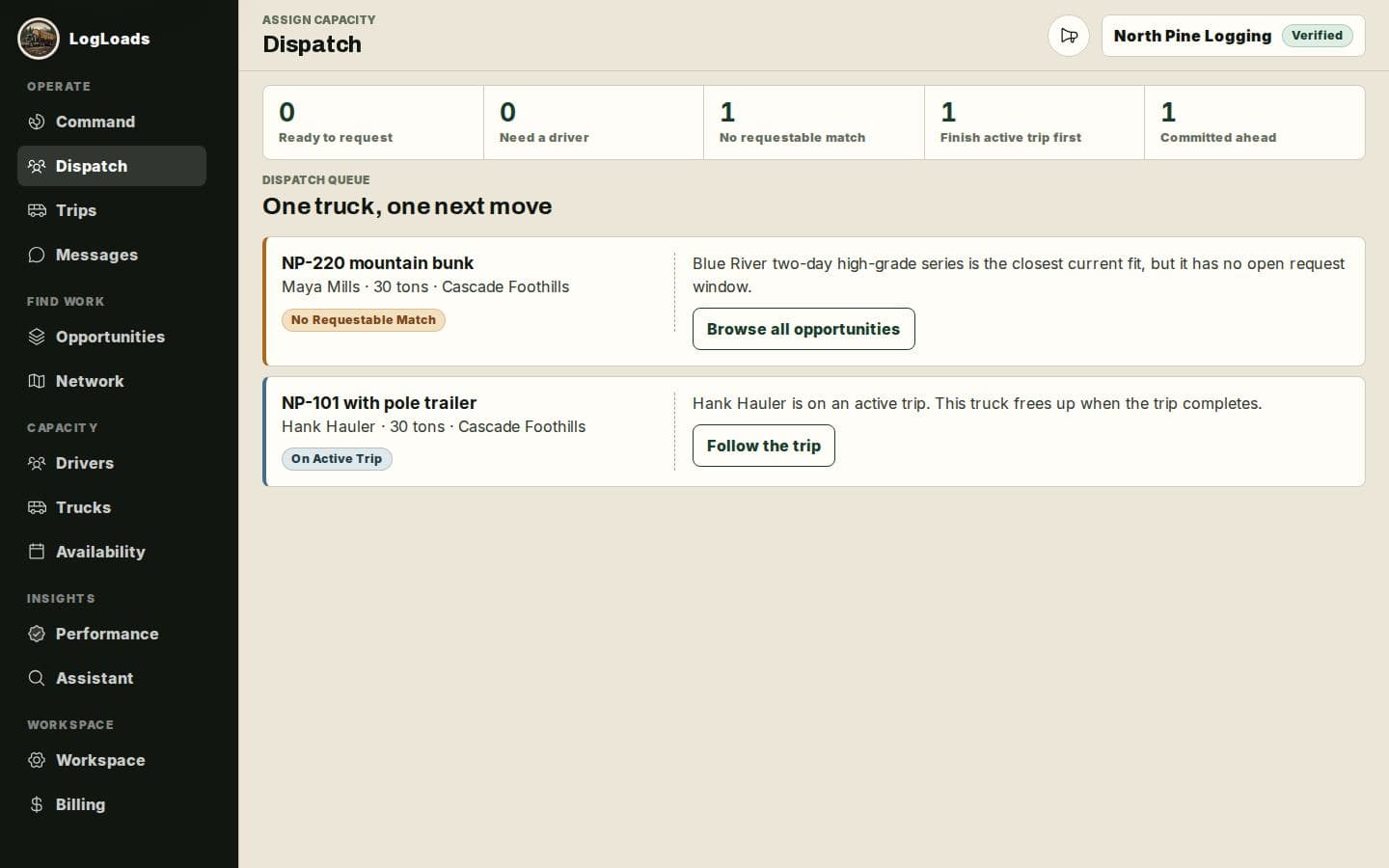 Synthetic fleet dispatch board pairing timber work with drivers and trucks