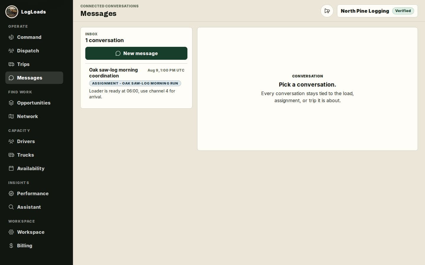 Synthetic fleet message center with assignment-scoped operating conversations