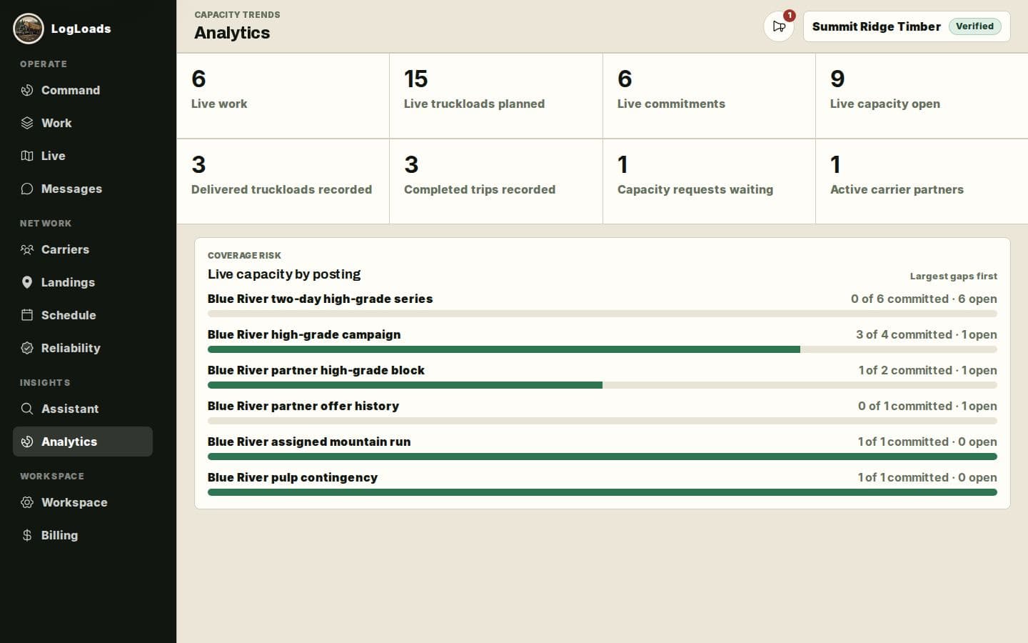 Synthetic host analytics view showing current throughput and load movement signals
