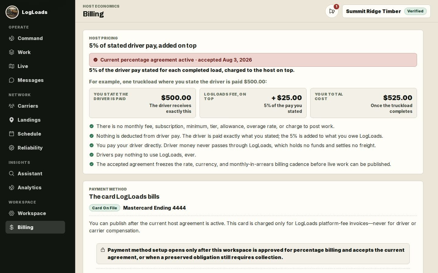 Synthetic host billing view explaining completed-load platform fee obligations